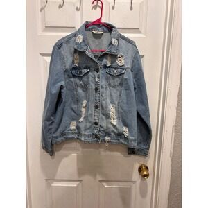 Highway Jeans Womens 2X Light Wash Distressed Ripped Denim Trucker Jacket Blue
